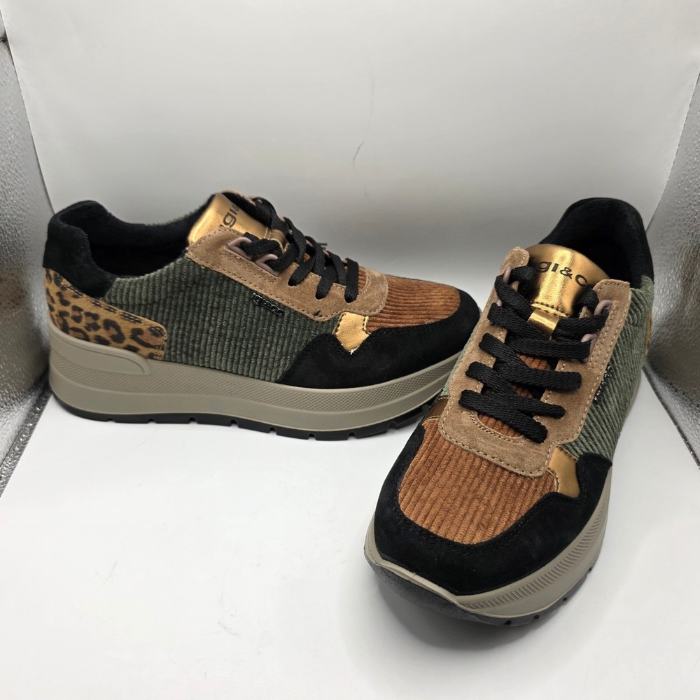Igi&Co Womens Corduroy Suede Leopard Platform Sneakers Made in Italy Size 40